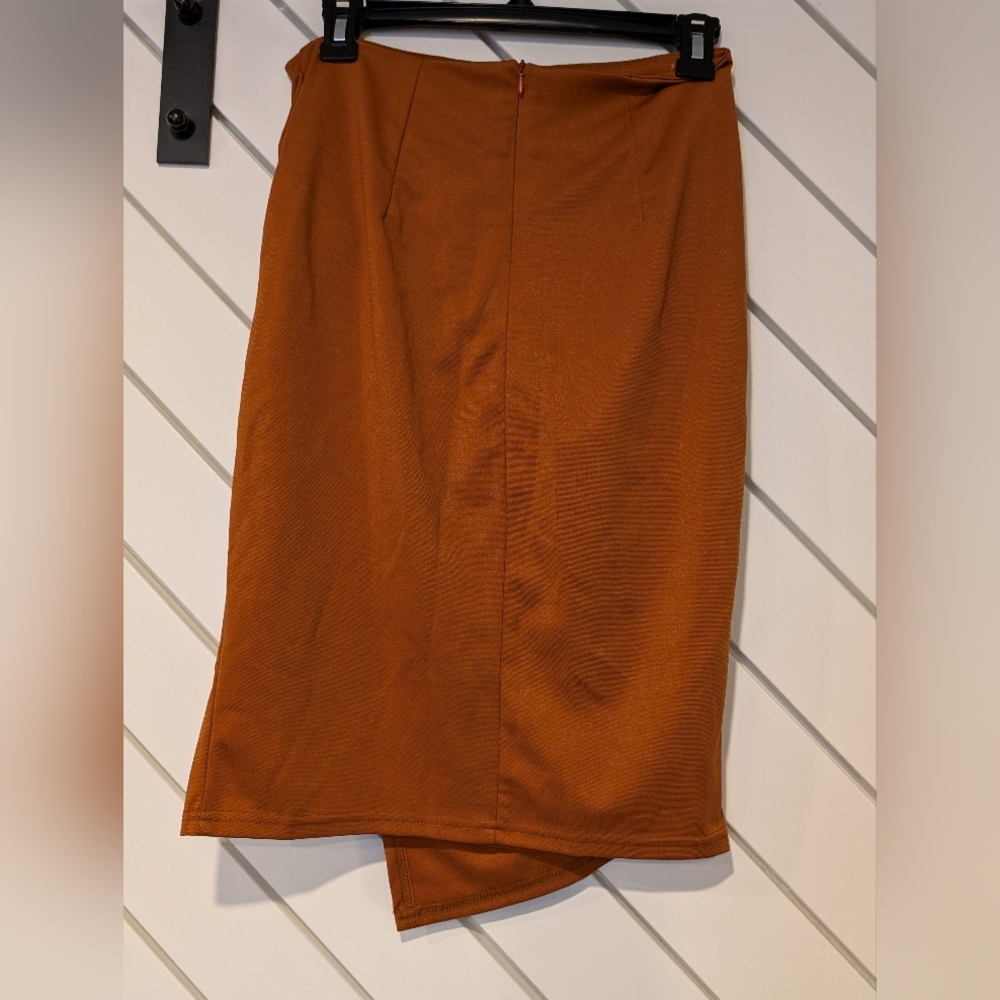 Kate Kasin Wrap Knot Asymmetrical Midi Skirt Burnt Orange - Picture 2 of 3
